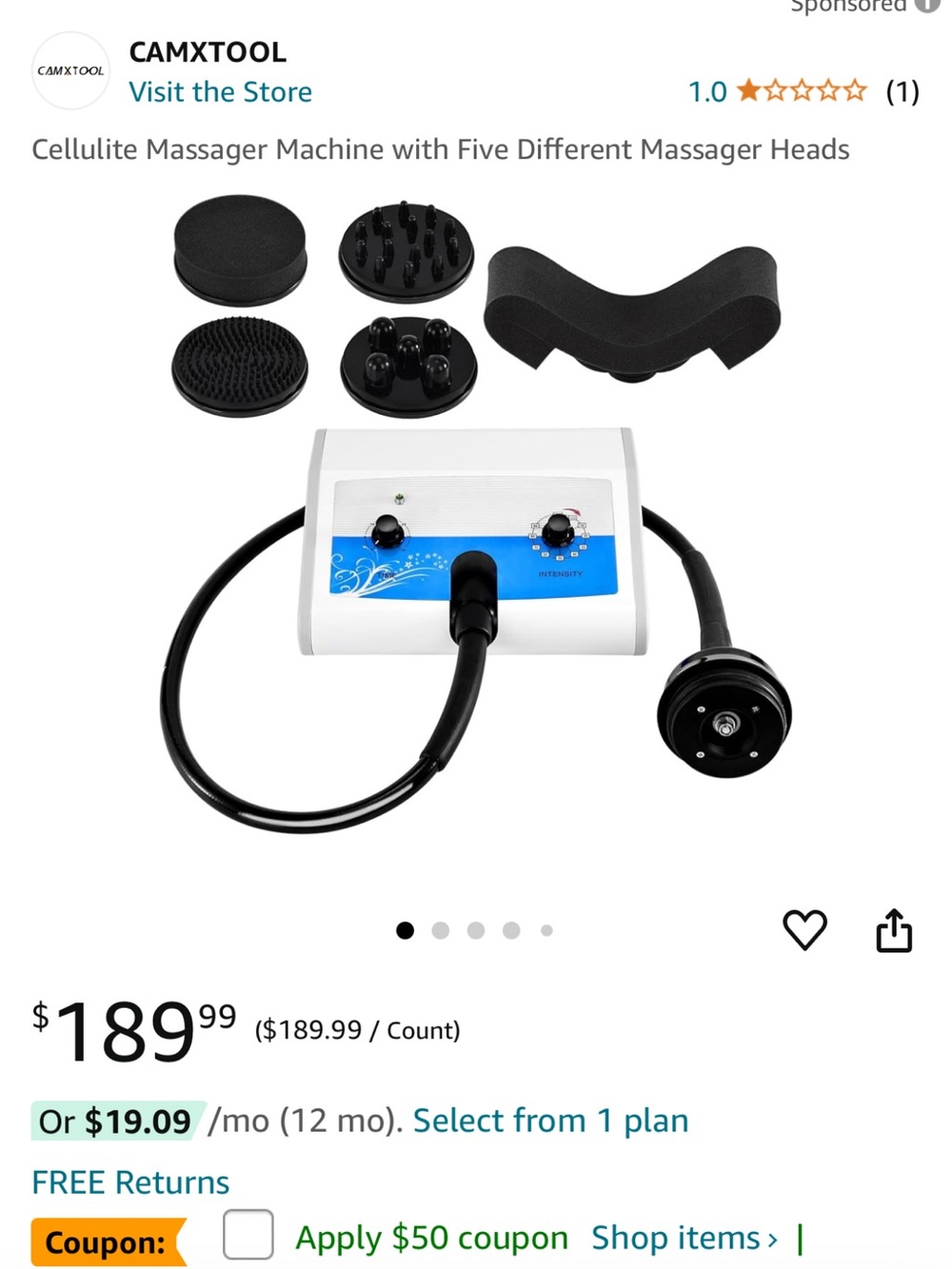 Cellulite Massager Machine with Five Interchangeable Heads - Black & White